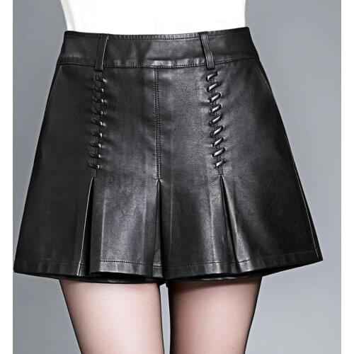2018 Winter Fall Fashion Women Slim 3XL 4XL High Waisted Pleated PU Leather Shorts , Casual European Style Shorts For Woman
