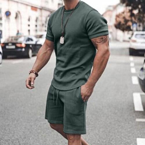 Tracksuit Solid Color Drawstring Men Loose Short Sleeve T-shirt Pocket Shorts Male Summer 2 Piece Set Casual Clothes