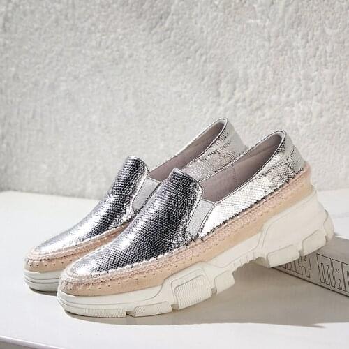 MEZEREON Causal Loafers Metal Sheepskin Women Flats Slip On Ladies Simple Shoes Silver Color Platform Footwear