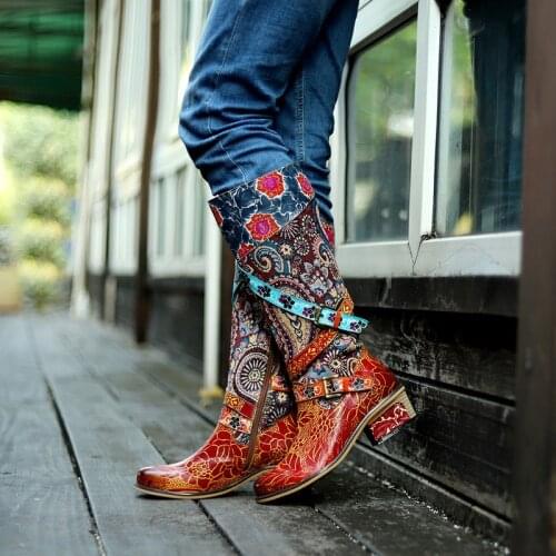 Women Boots Retro Genuine Leather Printing Splicing 4CM Square heel Buckle Zipper Dress Short Boots Ladies Shoes Women Shoes