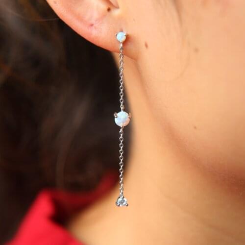 Genuine 925 sterling silver top quality tassel chain three stone prong set white cz opal Gem Lady fashion elegant earring