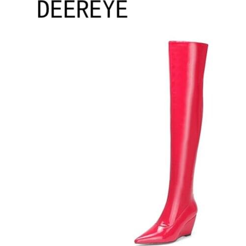 Womens Winter Stretch Patent Leather Over The Knee Thigh High Boots Wedge Heel Pointed Toe Side Zipper Luxury Shoe Black Red