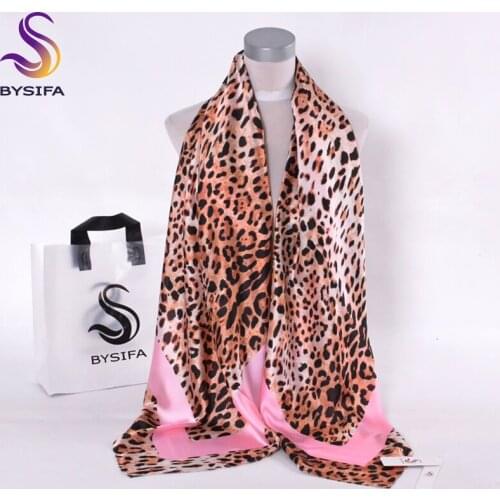 [BYSIFA] Pink Coffee Leopard Print Ladies Silk Scarf New Fashion Accessories Large Size Women Muslim HeadScarves Wraps 130*130cm