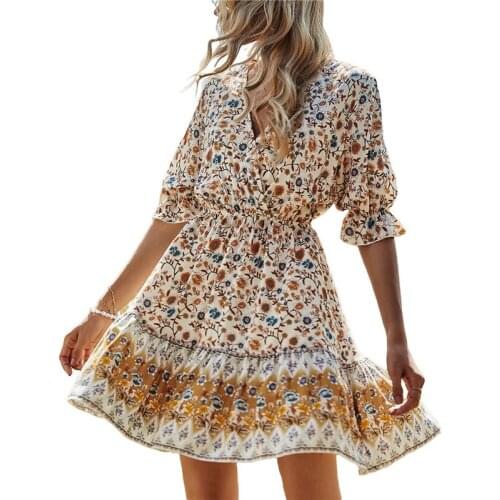 Summer Women Bohemian Boho A-line Dress Femal Floral Flower Print V-neck Ruffle Sleeve Dresses Womens Clothing