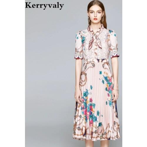 New Elegant Women Summer Floral Printed Pleated Dress Runway Dresses 2021 Women High Quality A-line Midi Party Beach Dress K8612