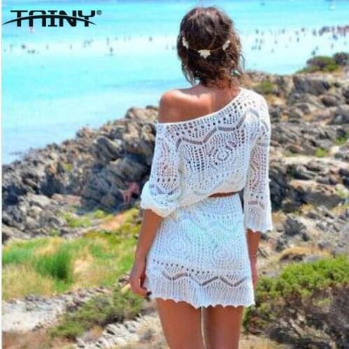 2017 New Europe America Hollow Crochet Lace Women White Beach Dress With Belt