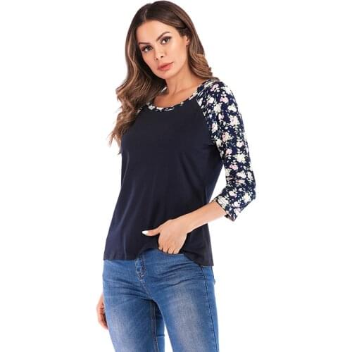 2020 Autumn tshirt Women T-shirt Contrast Splicing Flower Print 3/4 Raglan Long Sleeve tunics O Neck Casual Tee Shirt female Top
