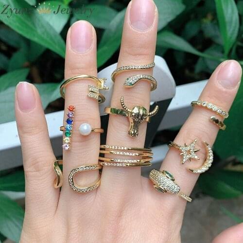 5PCS, Korean Style Gold-color Star Moon Ox head Snake Rings Wedding Metal Copper Ring For Women Unique Geometric Rings Jewelry