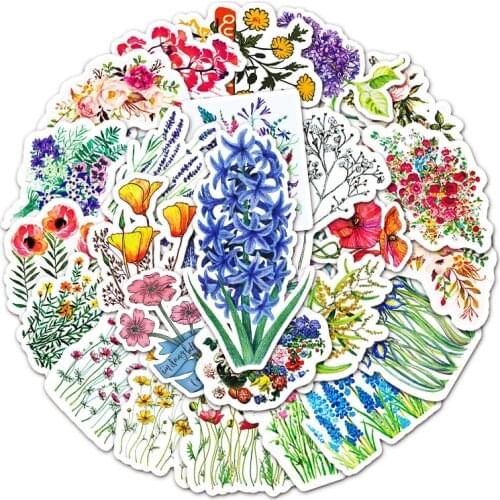 50PCS Pretty Ins Style Flowers Stickers Gift for Girl Plant Flower Decal Sticker To DIY Stationery Phone Laptop Bicycle