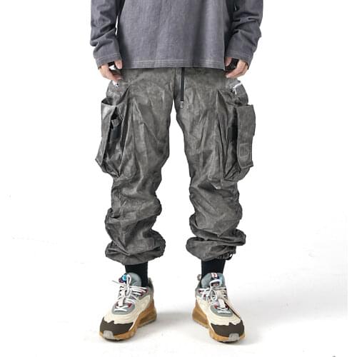 PUPIL TRAVEL PT-1932 Mens Washed Grey Cargo Pants Loose Fit Jogger Drawstring Trousers Hip Hop Style Punk Fashion