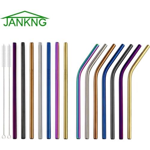 JANKNG 16cm Colorful Metal Straw 4-Pcs 304 Stainless Steel Straws Reusable Bent Straw Mug Drinking Straw with Cleaner Brush