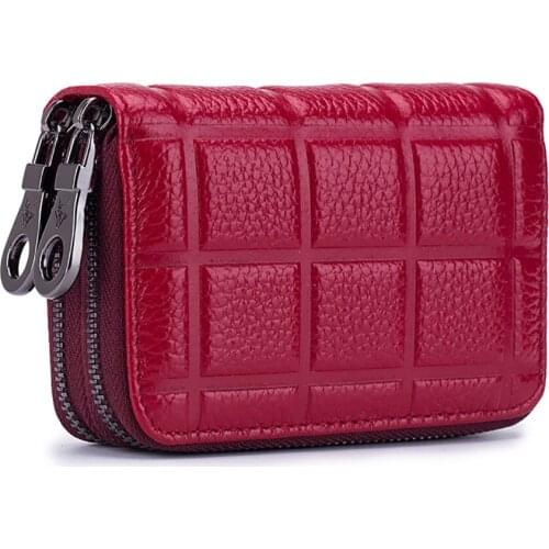 Plaid Designer Credit Card Holder Genuine Cowhide Leather Wallet Double Zipper Lady ID Card Case Organizer MF-3259