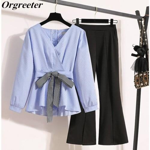 Elegant OL Striped Shirt Trouser Suits Fall New Puff Long Sleeve Sashes Single-breasted Blouse +Split Flares Pants 2 Piece Set