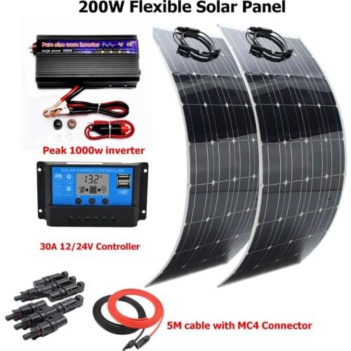 200W Solar System Kit for Beginner Flexible Solar Panel with 30A Controller and 1000W Pure Sine Inverter For 12V Battery Charger