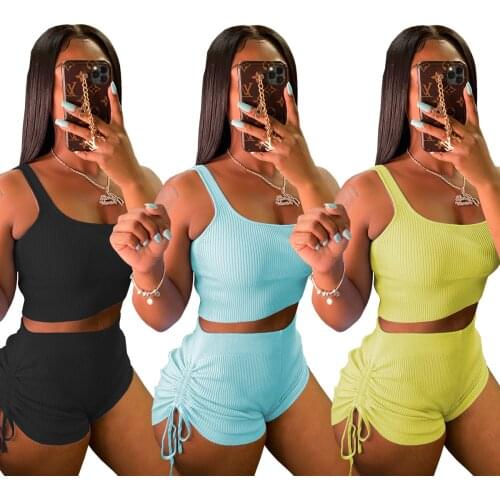 Echoine Women 2021 Solid Ribbed Two Piece Sets Square Collar Camisole and Drawstring Shorts Matching Sets Female Sporty Outfit