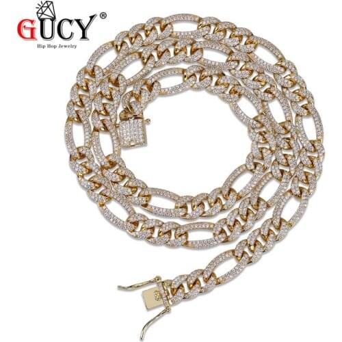 GUCY 10MM Figaro Cuban Chain Necklace Hip Hop Gold Silver Color Micro Pave Cubic Zircon Stones Mens Charm Necklaces Gifts Party