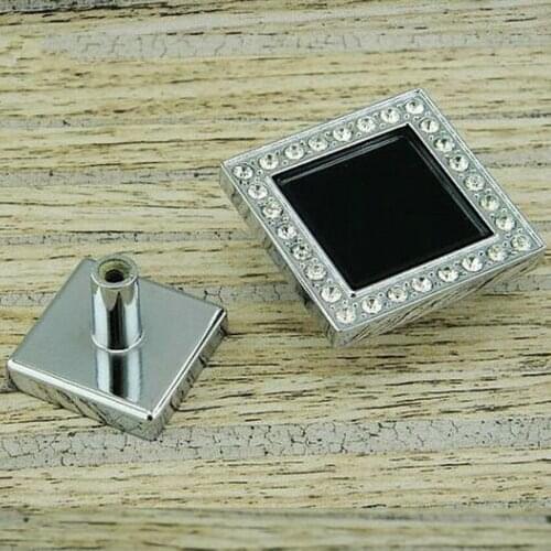 Square Glass Crystal Dresser Knob Shiny Silver Drawer Kitchen Cabinet Knob Handle Pull Black Chrome Furniture Knobs 31mm