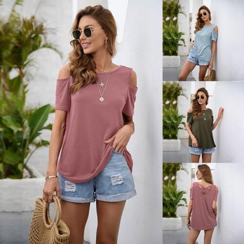 Summer T-Shirts For Women 2021 Short Sleeve Off The Shoulder Backless Hollow Out Round Neck Solid Color Female Blouse C2627