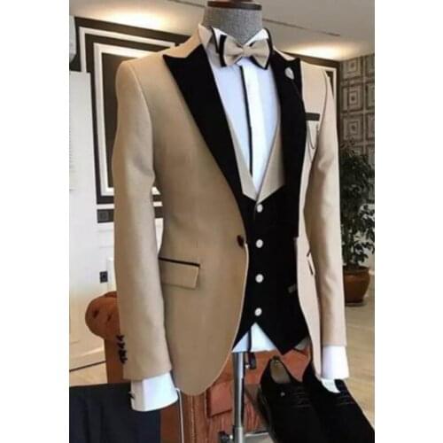 Fashionable Beige Groom Tuxedos Mens Wedding Party Prom Business Suits Blazer Sets (Jacket+Pants+Vest+Tie) K:768