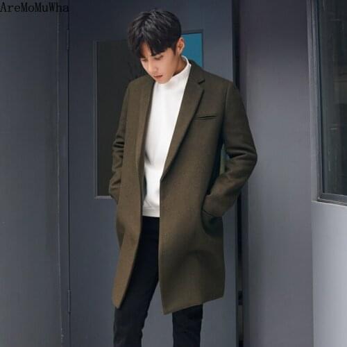 AreMoMuWha Winter New Woolen Coat Male Long Section Solid Color Windbreaker Korean Version of The Loose Thick Woolen Coat QX1244