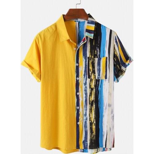 Mens Hawaiian Holiday National Printed Shirt Short Sleeve Lapel Patchwork Shirt Mens Summer Casual Loose Soft Large Size S-3XL