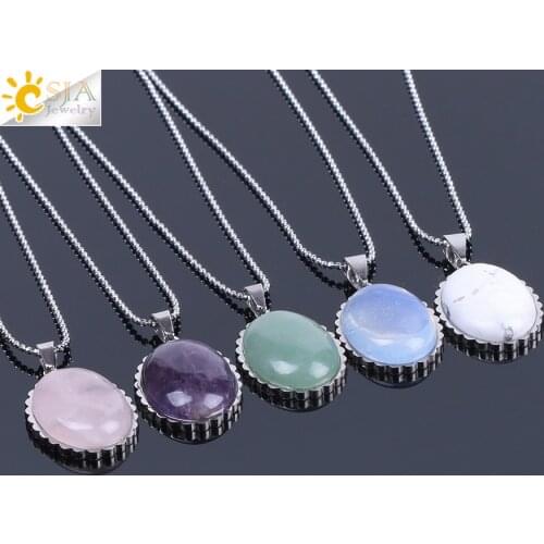 CSJA Natural Stone Oval Suspension Pendant Necklace Serrated Stainless Steel Metal Chakra Reiki Crystal Beads Women Jewelry F151