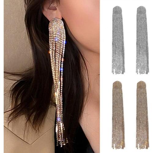 Ladies Long Full Rhinestone Tassel Earrings Alloy Shiny Women Dangle Earrings Fashion Jewelry Accessories brincos feminino