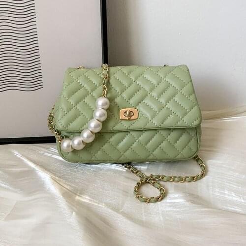 Women Small Leather Diamond Crossbody Bags Quilted Square Messenger Bag Female Simple Pearl Chain Handbags Lozenge Shoulder Bags