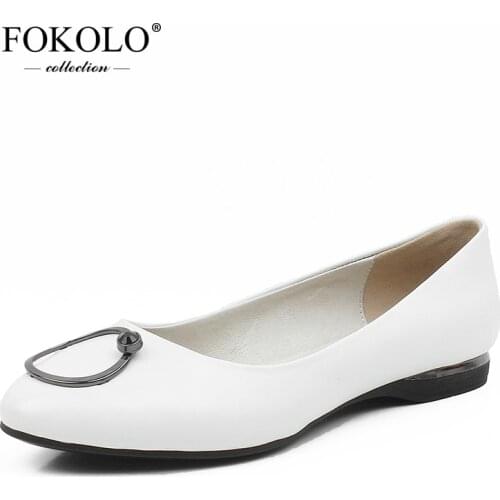 FOKOLO Fashion flat shoes women Pointed Toe Slip-On Genuine Leather casual shoes New Summer White Solid zapatillas mujer P4