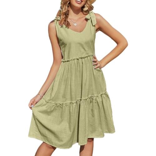 Women Linen Lace-up Solid Color Dress Stylish Sleeveless V-neck Tanks Dress for Ladies Sundress mid-length Holiday Sundress