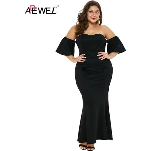 ADEWEL Woman Plus Size Dress Sexy Off Sholder Ruffle Maxi Evenning Mermaid Dressess Womens Summer Dress 2021 Elegant Black Rob