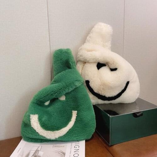 Winter Cute Women Plush Smiling Face Handbag Soft Faux Fur Crossover Shape Shoulder Bag Female Party Little Girl Christmas Gift