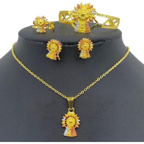 Dubai Gold Color African girl Baby Bangles Jewelry sets for Girls Women Ethiopian Rings Earrings Sets Arab Bridal Jewelry