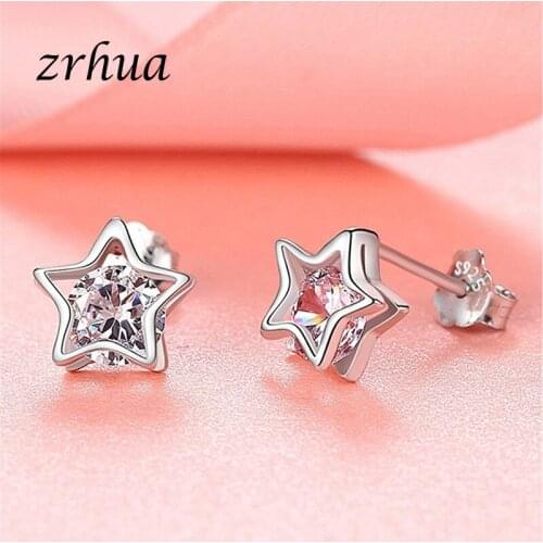 ZRHUA Silver Color Earrings for Women Stylish Double Star Paved Shiny Zircon Design Hot Stud Brincos Party Jewelry
