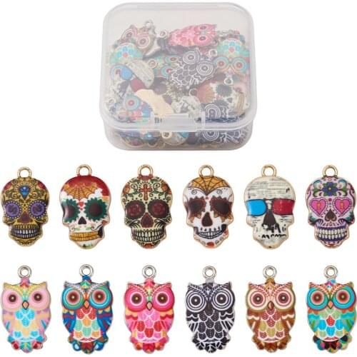 1Set Mixed Color Alloy Enamel Owl Charm Skull Pendants For Necklace Bracelet Keychain Jewelry Making DIY Earring Accessories