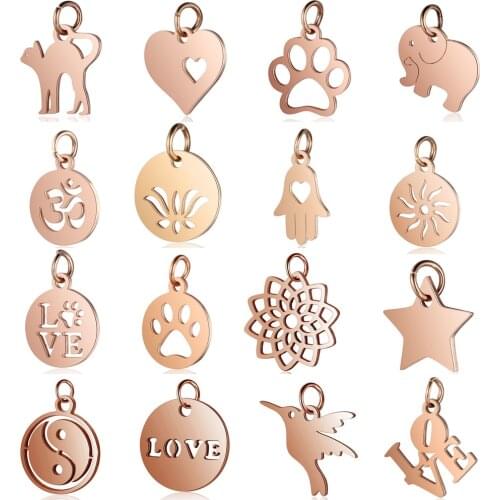 5pcs/lot Rose Gold Color OM DIY Charms Wholesale 100% Stainless Steel Heart Dog Paw Charm Sun Star Hamsa Hand Jewelry Pendant