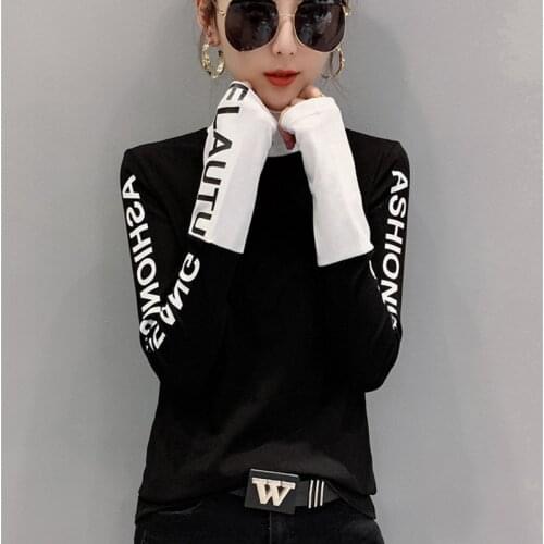 #5505 Turtleneck T Shirt Women Long Sleeved Slim Letters Printed T Shirts For Girls Black With White Stretch Cotton Tight Tshirt