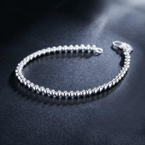100% 925 Solid Real Sterling Silver Fashion 4mm Beads Chain Bracelet for Women 20cm For Teen Girls Lady Gift Women Fine Jewelry