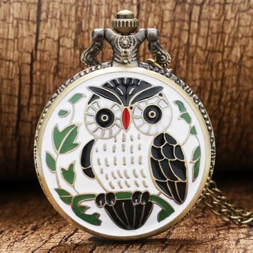 Bronze Vintage Quartz Pocket Watch Fashion Owl Pattern White Case Men Women Ladies Girl Necklace With Chain Reloj De Bolsillo