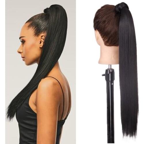 AMIEEGIRL Long Straight Ponytail Wrap Around Clip In Hair Extension Heat Resistant Synthetic Hairpieces Black Fake Hair