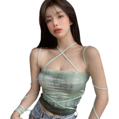 EFINNY 2021 Female Summer Tie Dye Bandage Halter Vest Sexy Slim Navel Exposed Camisole Korean Style Tank Tops Green Tops