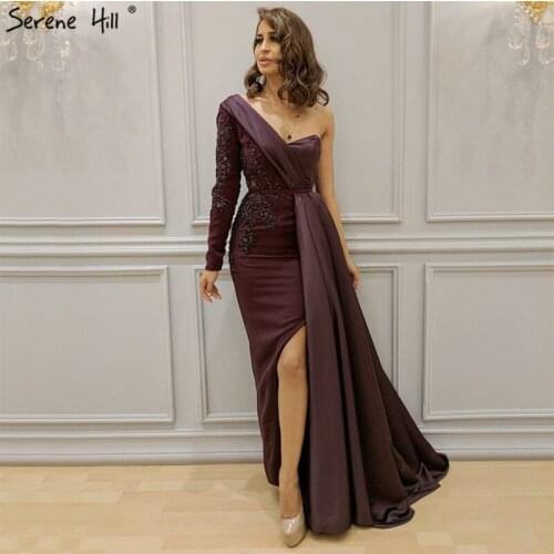 Purple Sexy One Shoulder Satin Prom Dresses 2020 Mermaid Beading Formal Dress Serene Hill DLA70318