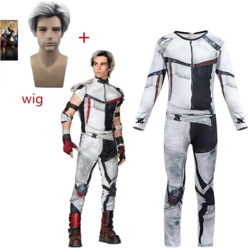 Descendants 3 Carlos Gradient Black Grey Color Synthetic kid adult Cosplay Short Wigs+Jumpsuits halloween Party costume for kids
