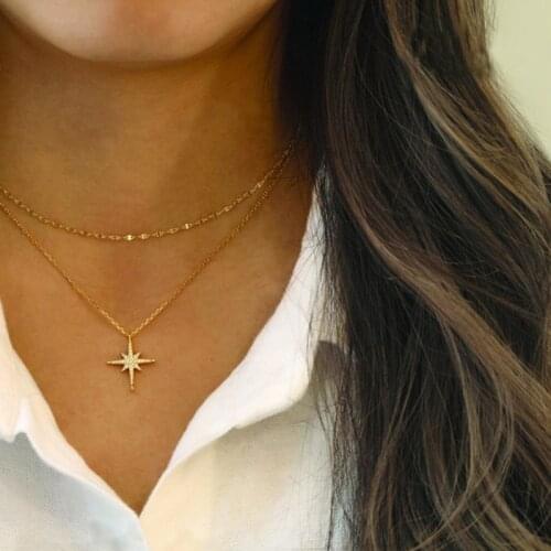 COWBREAD Multi Layer Women Necklace Five-pointed Star Light Dot Zircon Pendant Female Simple Necklace Chain Neck Fashion Jewelry