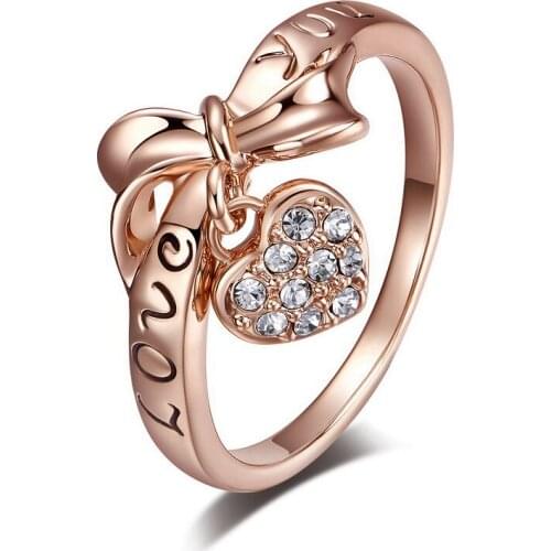 Fashion Jewelry Gold Color "Love You" Letter Heart & Bow Rings For Women With Crystal Rhinestone Alloy Wedding Couple Ring Gift