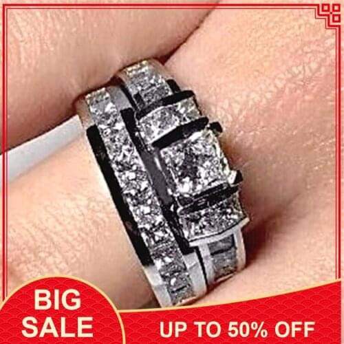 Princess cut Ring set Silver color ring AAAAA Zircon Cz stone Engagement wedding band rings for women bridal Best Gift