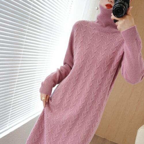 LHZSYY2020 Autumn Winter High-Neck Thick Womens Cashmere Over The Knee Long Skirt Sweater Knit Dress 100% Wool Fashion Warm Top