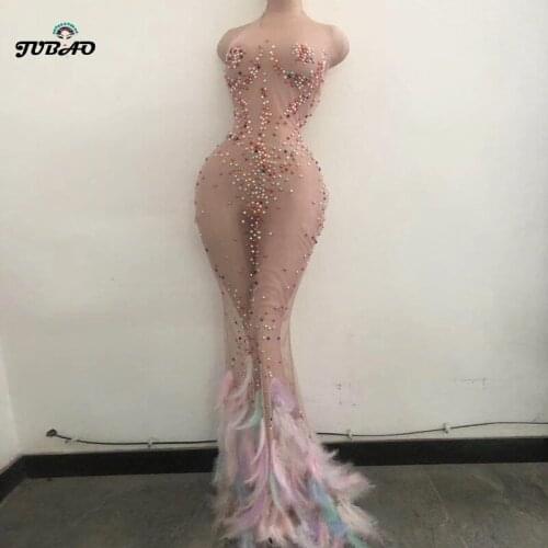 New Fashion Design feather Pink See Through Long Dress Pattern Mesh Stretch Birthday club Party Dress Singer Performance Costume