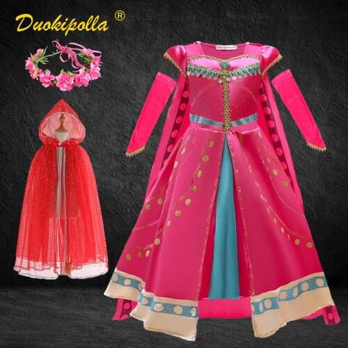 Princess Jasmine Dress for Girls Halloween Aladdin Cosplay Costume Girls Red Dresses for Party and Wedding Fancy Fairy Dress Up