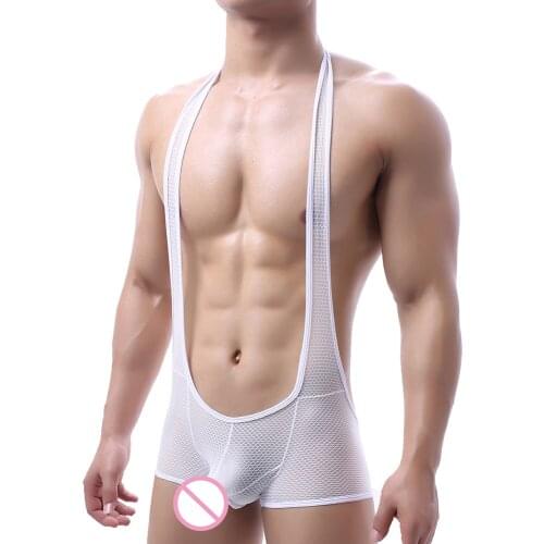 Sexy Men Undershirts Jockstrap Elephant Long Penis Pouch Bodysuit Lingerie Mesh Transparent Jumpsuit Open Butt Singlet Underwear